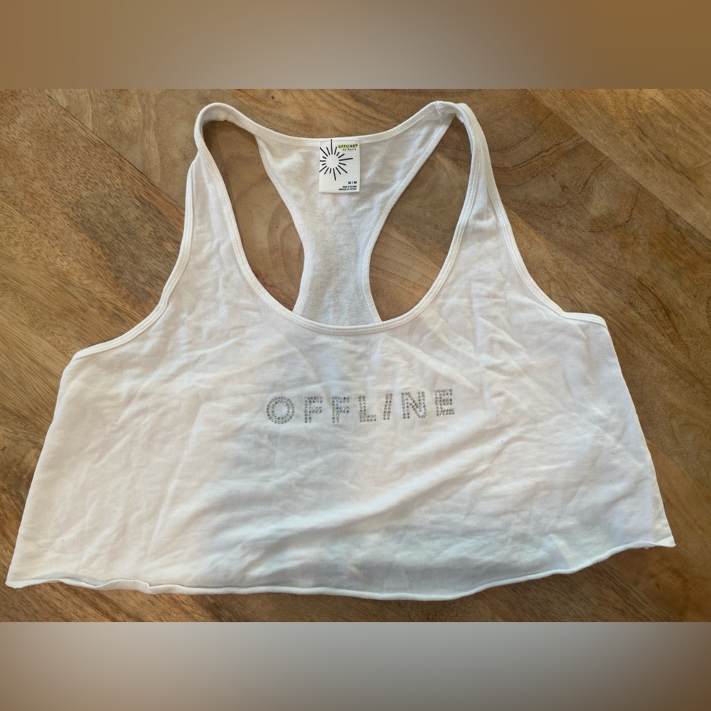 aerie White Rhinestone Logo Racerback Crop Tank